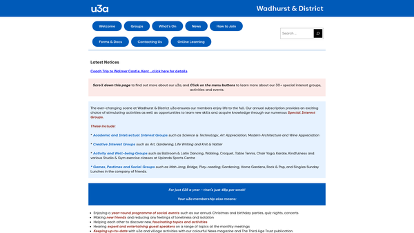 Screenshot of the Wadhurst U3A website