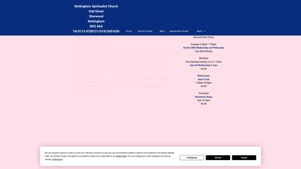 Screenshot of the Nottingham Spiritualist Church website