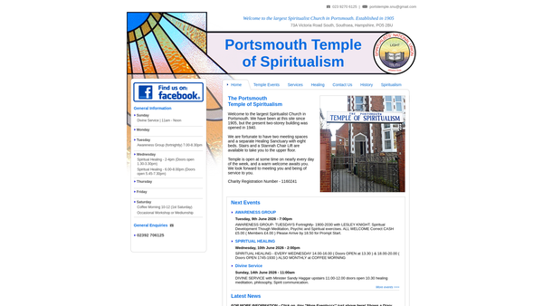 Screenshot of the Portsmouth Temple Of Spiritualism website