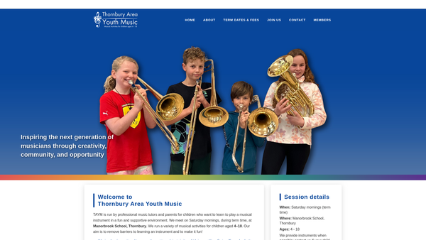 Screenshot of the Thornbury Area Youth Music website