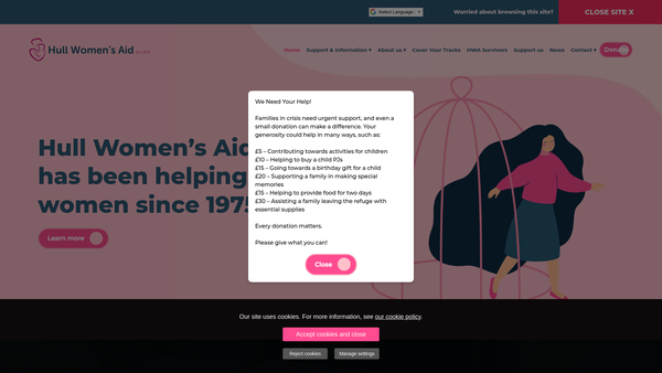Screenshot of the Hull Women's Aid website