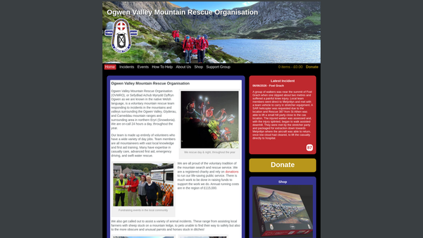 Screenshot of the Ogwen Valley Mountain Rescue CIO website