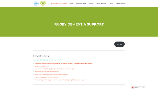 Screenshot of the Rugby Dementia Support website