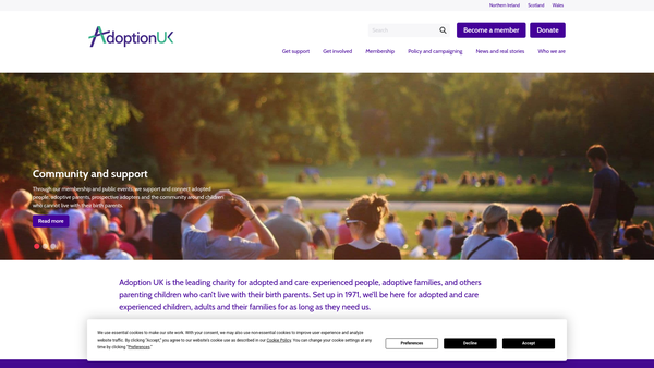 Screenshot of the Adoption UK Charity website