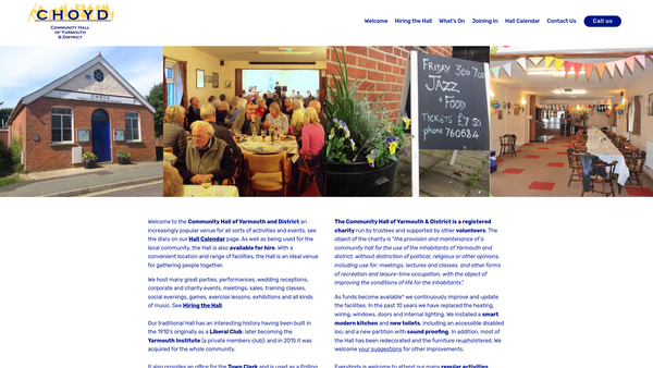 Screenshot of the Community Hall Of Yarmouth And District website