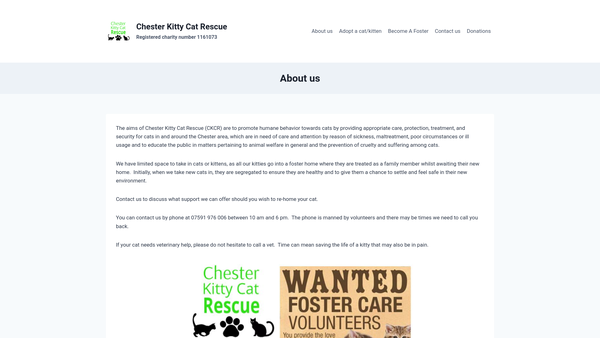 Screenshot of the Chester Kitty Cat Rescue website