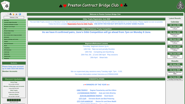 Screenshot of the Preston Contract Bridge Club website