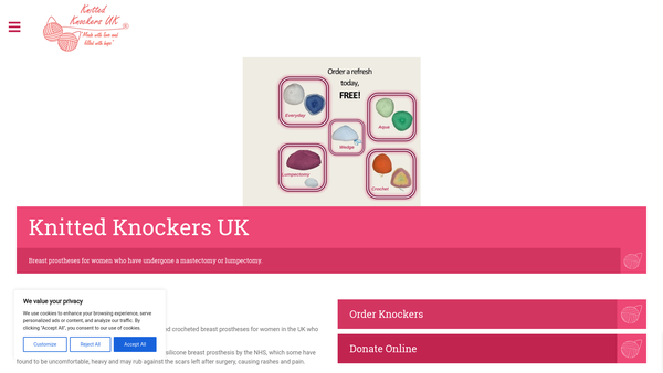 Screenshot of the Knitted Knockers UK website