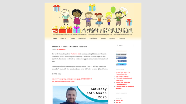 Screenshot of the Ashley's Birthday Bank website