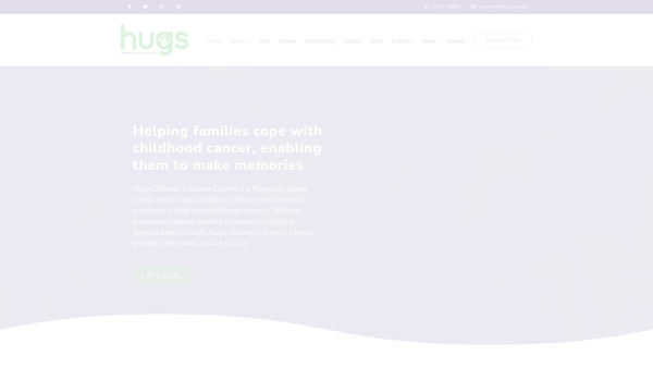 Screenshot of the hugs childrens cancer charity website
