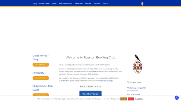 Screenshot of the Royston Bowling Club website