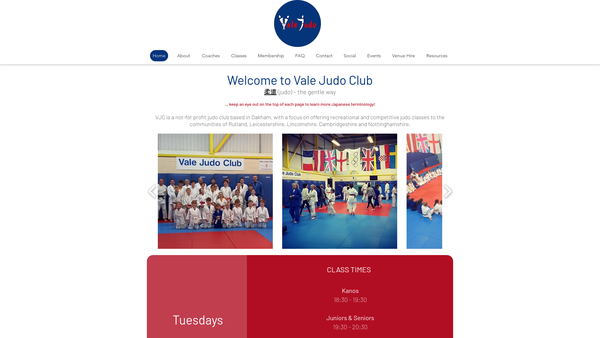 Screenshot of the Vale Judo Club website