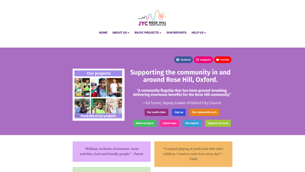 Screenshot of the Rose Hill Junior Youth Club website