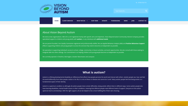 Screenshot of the Vision Beyond Autism UK website