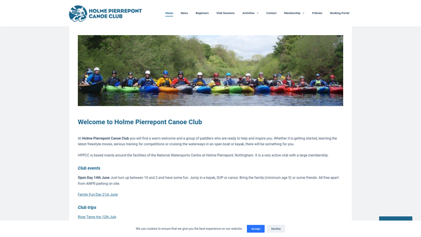 Screenshot of the Holme Pierrepont Canoe Club website