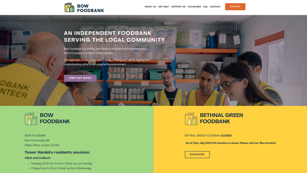Screenshot of the The Bow Foodbank Limited website