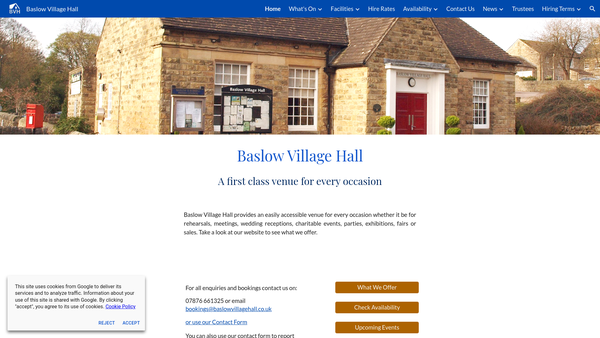 Screenshot of the Baslow Village Hall website