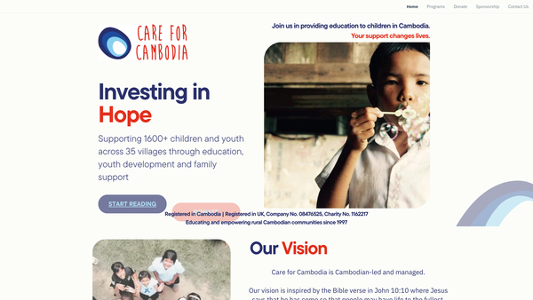 Screenshot of the Care For Cambodia website