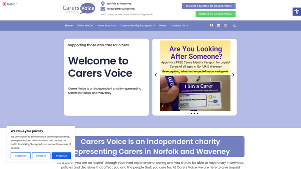 Screenshot of the Carers Voice Norfolk And Waveney website