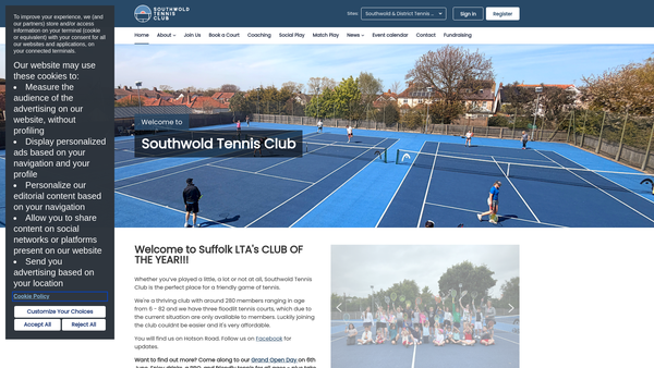 Screenshot of the Southwold & District Tennis Club website