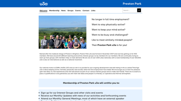 Screenshot of the The Preston Park University Of The Third Age website