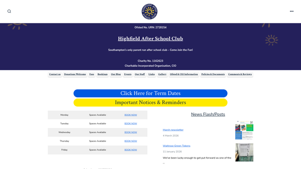 Screenshot of the Highfield After School Club website