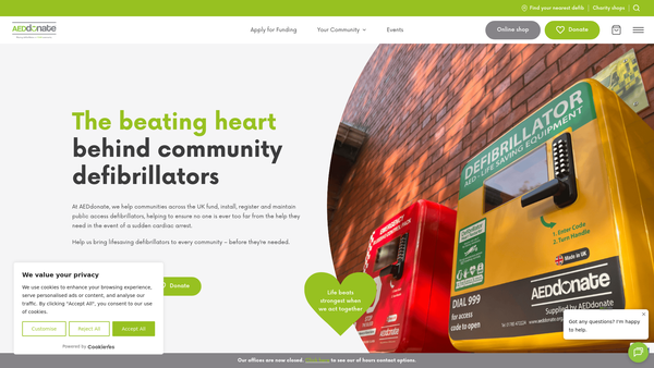 Screenshot of the Aed Donate website