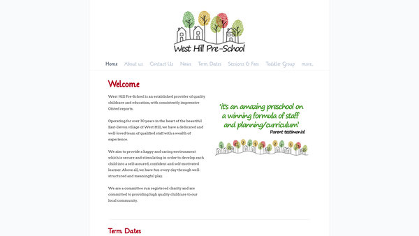 Screenshot of the West Hill Pre-School website
