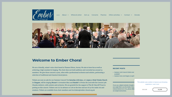 Screenshot of the Ember Choral Society website