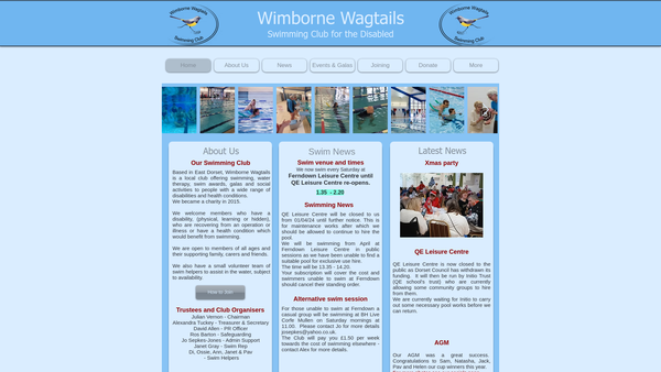 Screenshot of the Wimborne Wagtails Swimming Club For The Disabled website