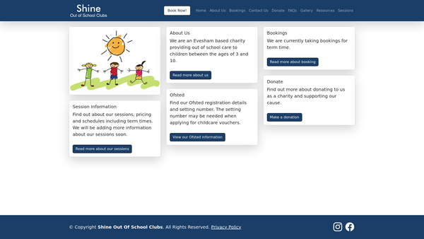 Screenshot of the Shine Out Of School Clubs website