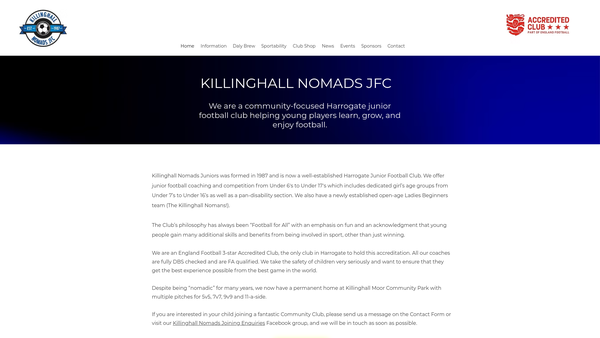 Screenshot of the Killinghall Nomads Junior Football Club website
