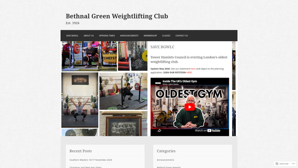 Screenshot of the Bethnal Green Weightlifting Club website
