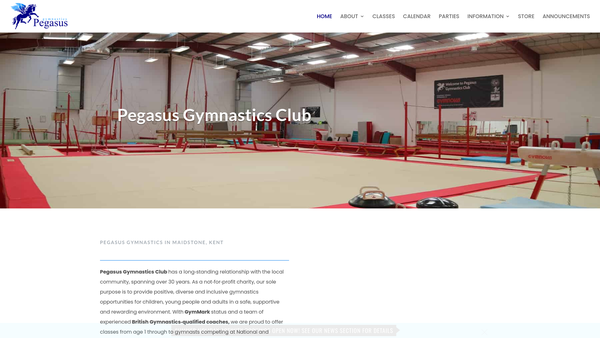 Screenshot of the Pegasus Gymnastics Club Limited website