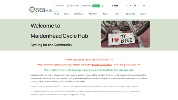 Screenshot of the Maidenhead Cycle Hub website