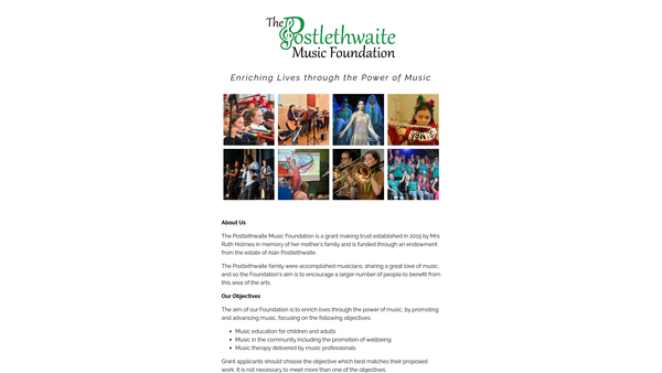 Screenshot of the The Postlethwaite Music Foundation website