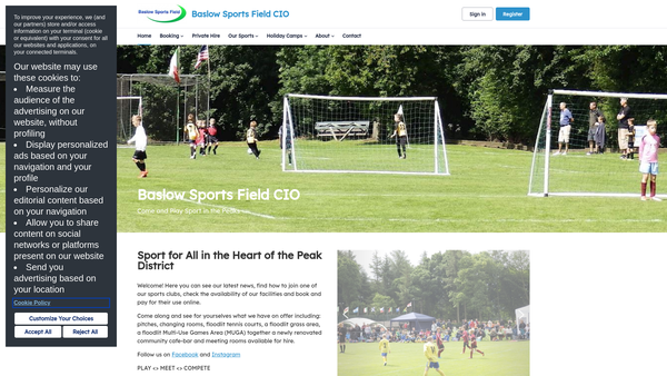 Screenshot of the Baslow Sports Field CIO website