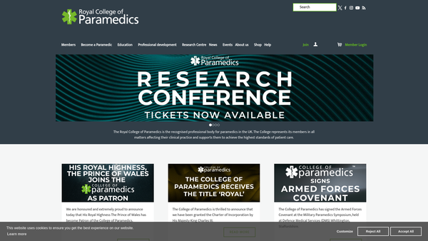 Screenshot of the College Of Paramedics website