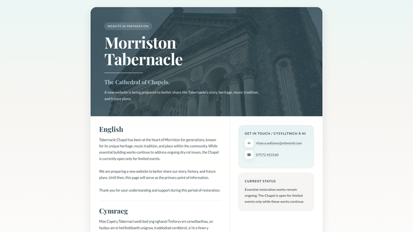 Screenshot of the Tabernacle Chapel Morriston Trust website