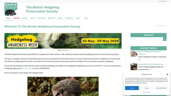 Screenshot of the The British Hedgehog Preservation Society website