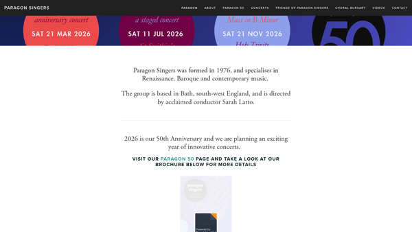Screenshot of the Paragon Singers website