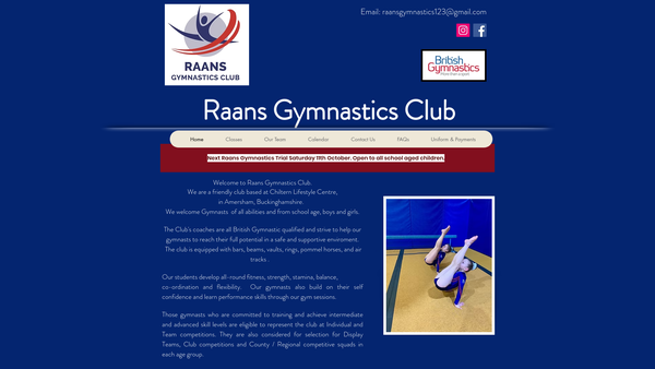 Screenshot of the Raans Gymnastics Club website