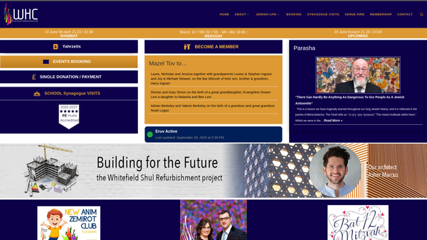 Screenshot of the Whitefield Hebrew Congregation website