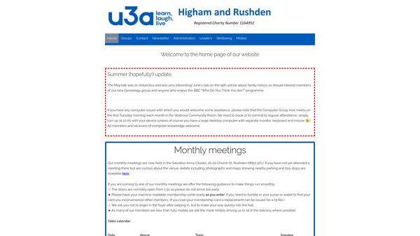 Screenshot of the Higham And Rushden U3A website