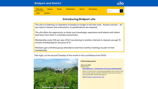 Screenshot of the Bridport And District U3A website
