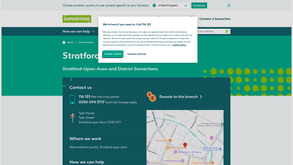 Screenshot of the Stratford-Upon-Avon And District Samaritans website