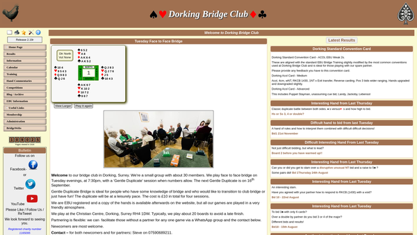 Screenshot of the Dorking Bridge Club website