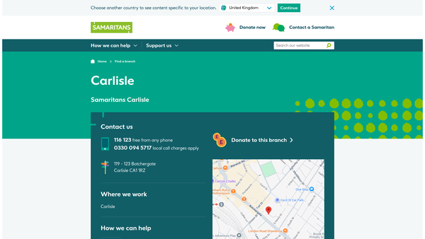 Screenshot of the Samaritans Carlisle website