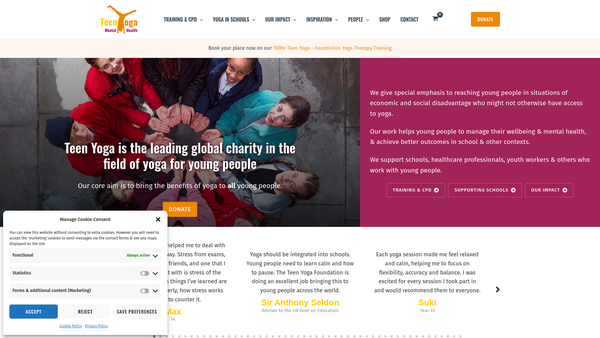 Screenshot of the Teen Yoga Foundation website