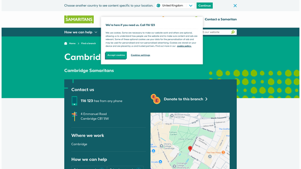 Screenshot of the Cambridge Samaritans website